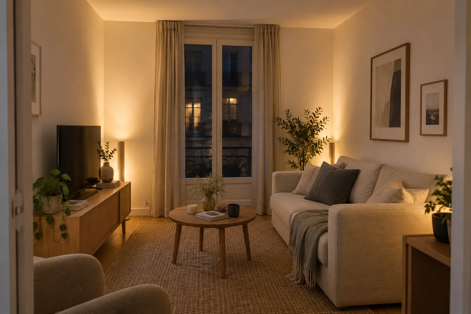 Petit salon aux murs éclairés par des lampes verticales discrètes