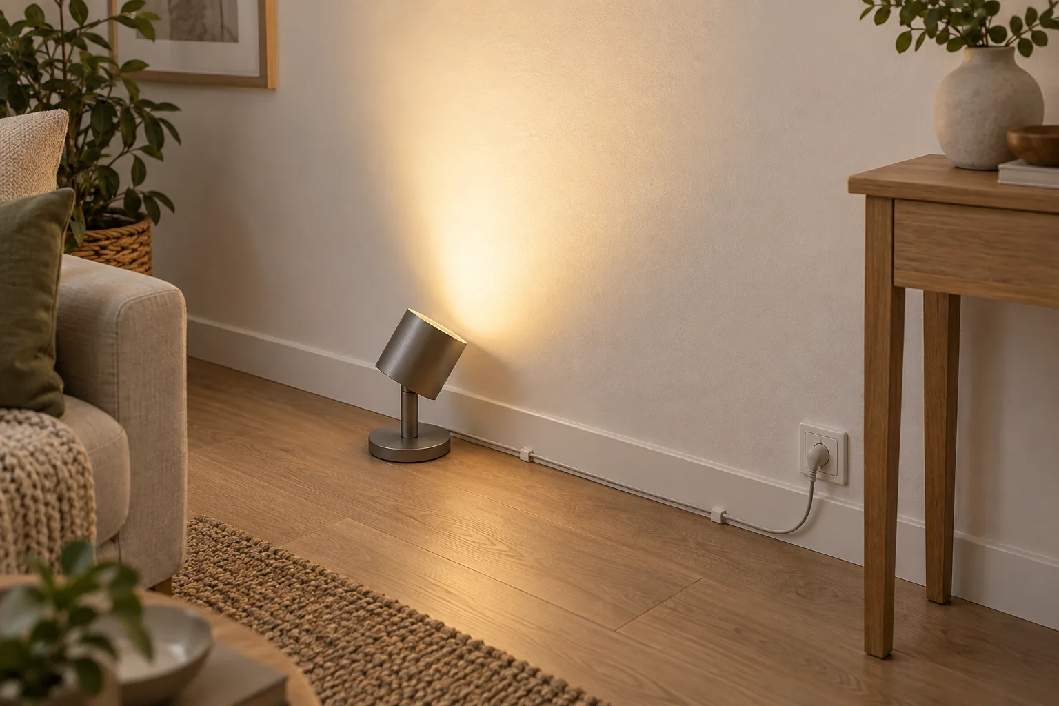 Lampe de sol orientée vers un mur avec câble guidé le long de la plinthe