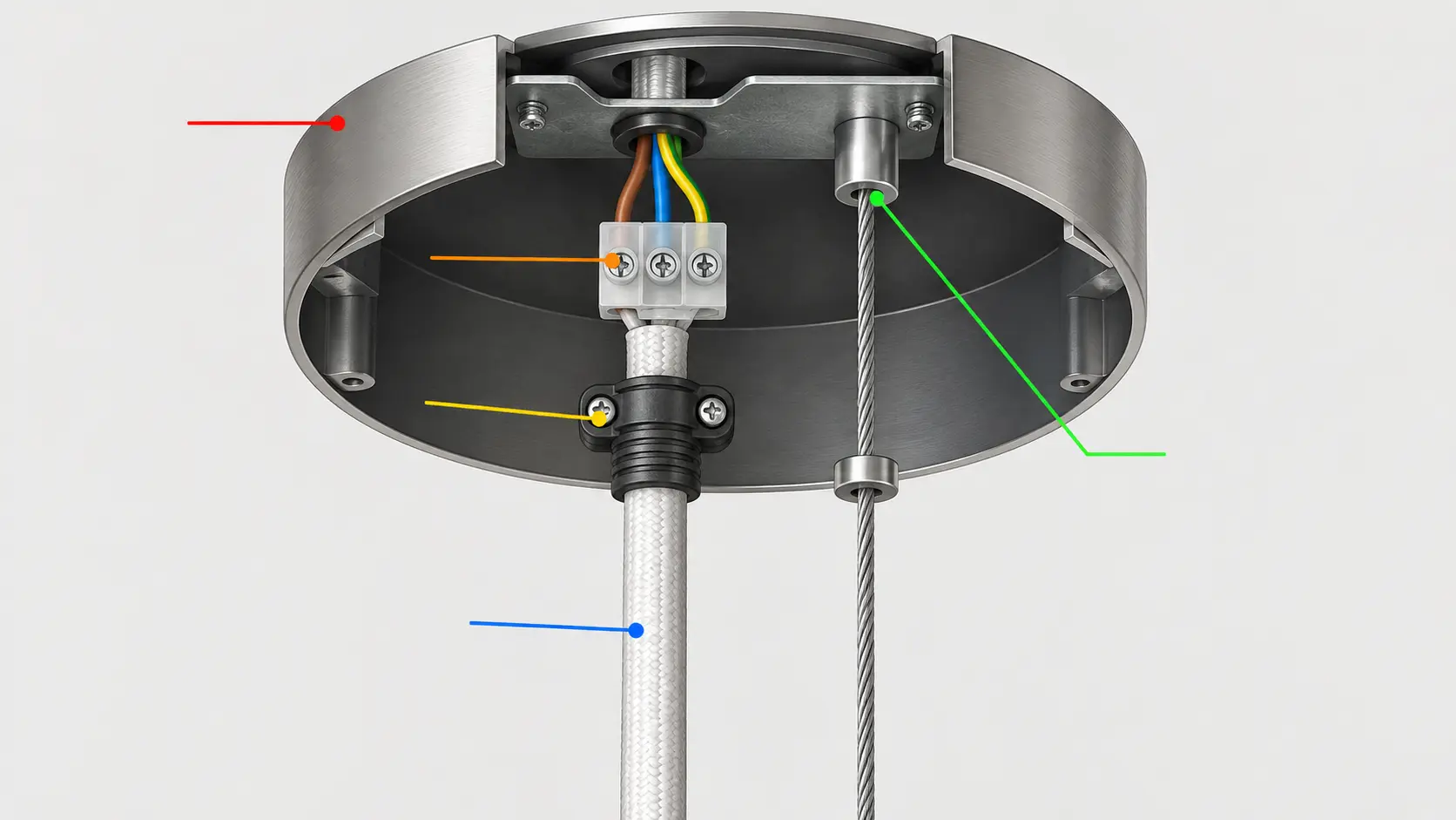 Schéma en coupe d'un pavillon de suspension avec serre-câble, cordon électrique, bornes et filin porteur identifiés