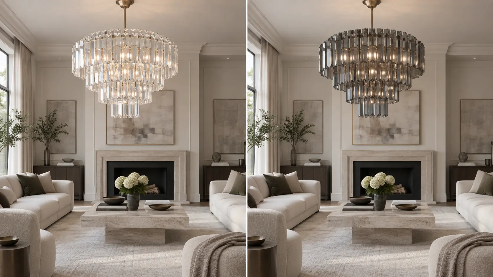 Deux vues du même salon avec un lustre en cristal transparent puis en cristal fumé