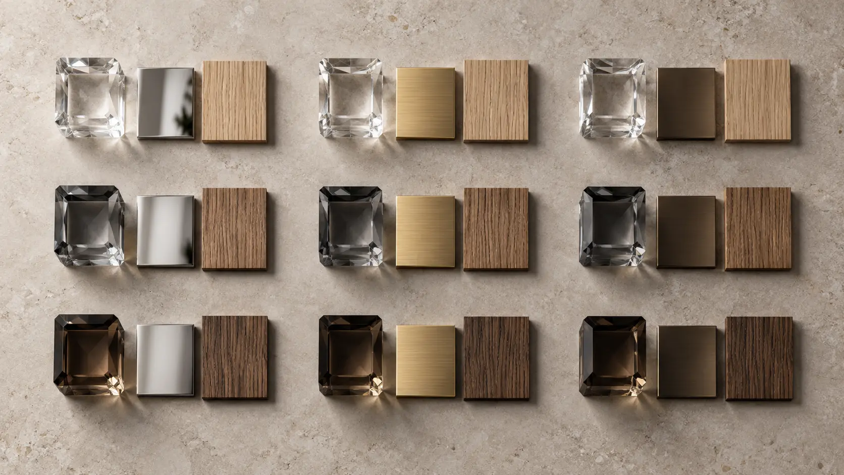 Matrice de matières associant cristal transparent, fumé gris et fumé brun au chrome, au laiton et au bois
