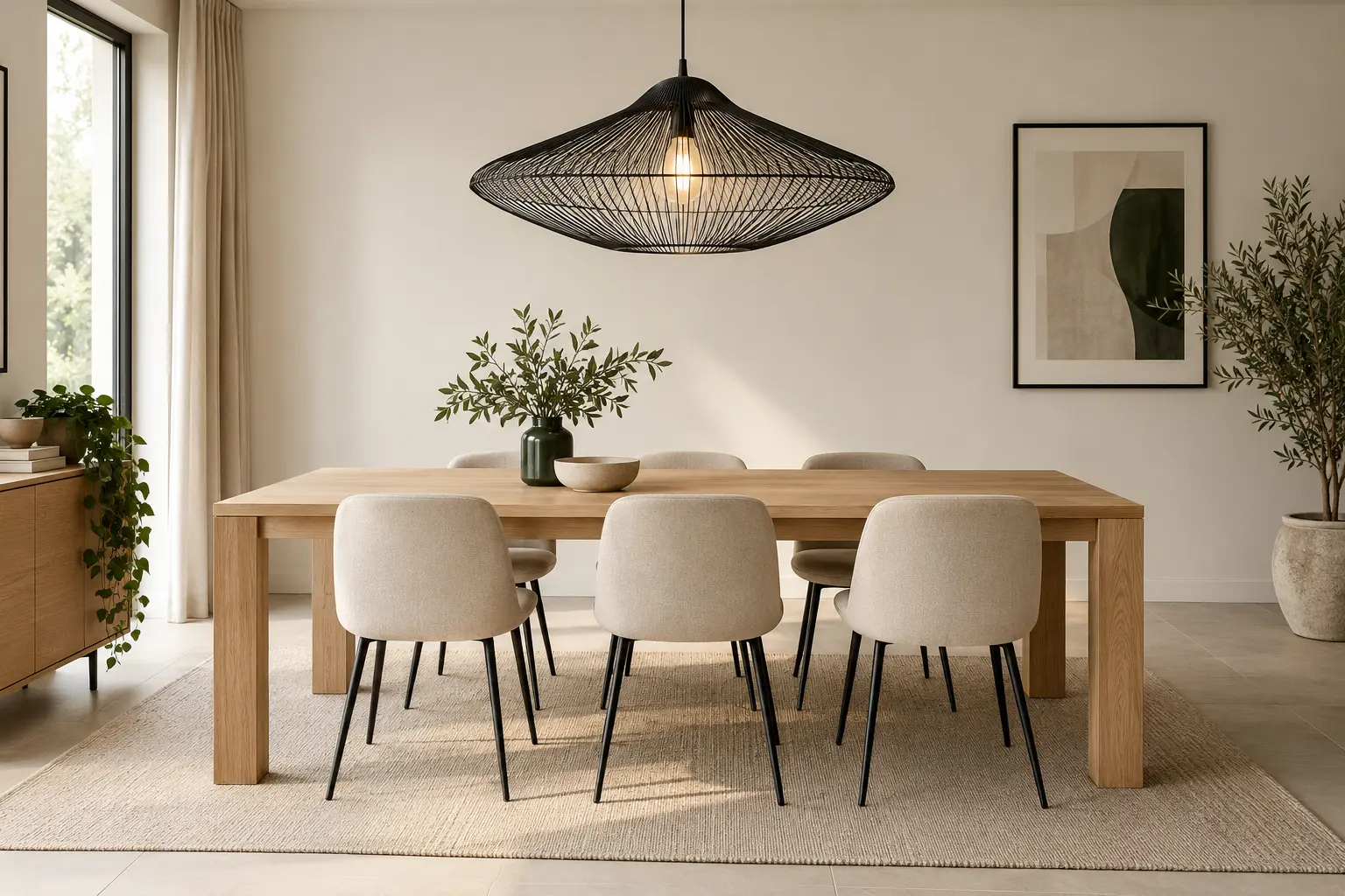 Suspension noire fine au-dessus d'une table en chêne clair, avec un cadre et des pieds de chaise noirs en rappel.