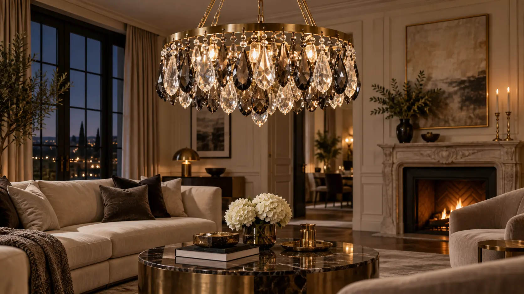 Lustre élégant mêlant pampilles en cristal transparent et cristal fumé