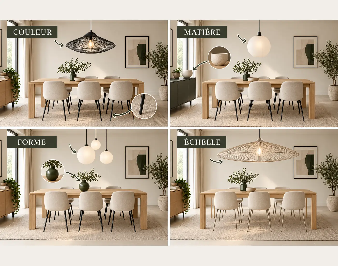Quatre associations de luminaires et de meubles illustrant un contraste de couleur, matière, forme ou échelle avec un rappel visuel.